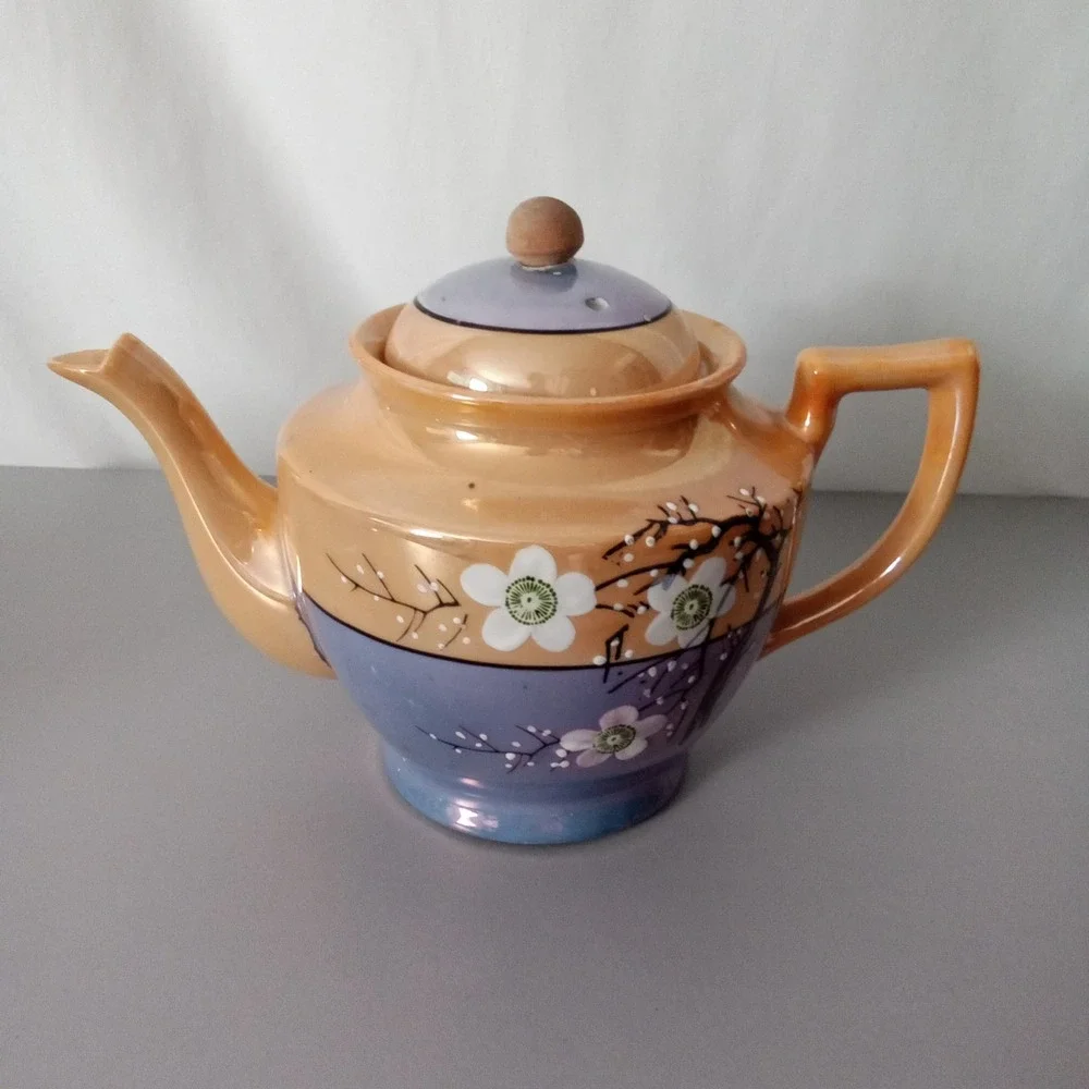 Vintage Lusterware Teapot Cherry Blossom Peach Lavender Made in Japan MCM Floral